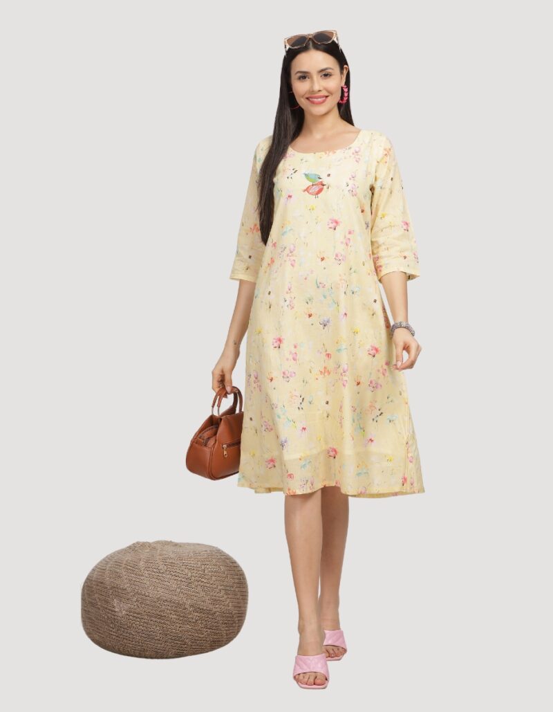 Sarita A line digital printed linen dress with embroidery and lining-01